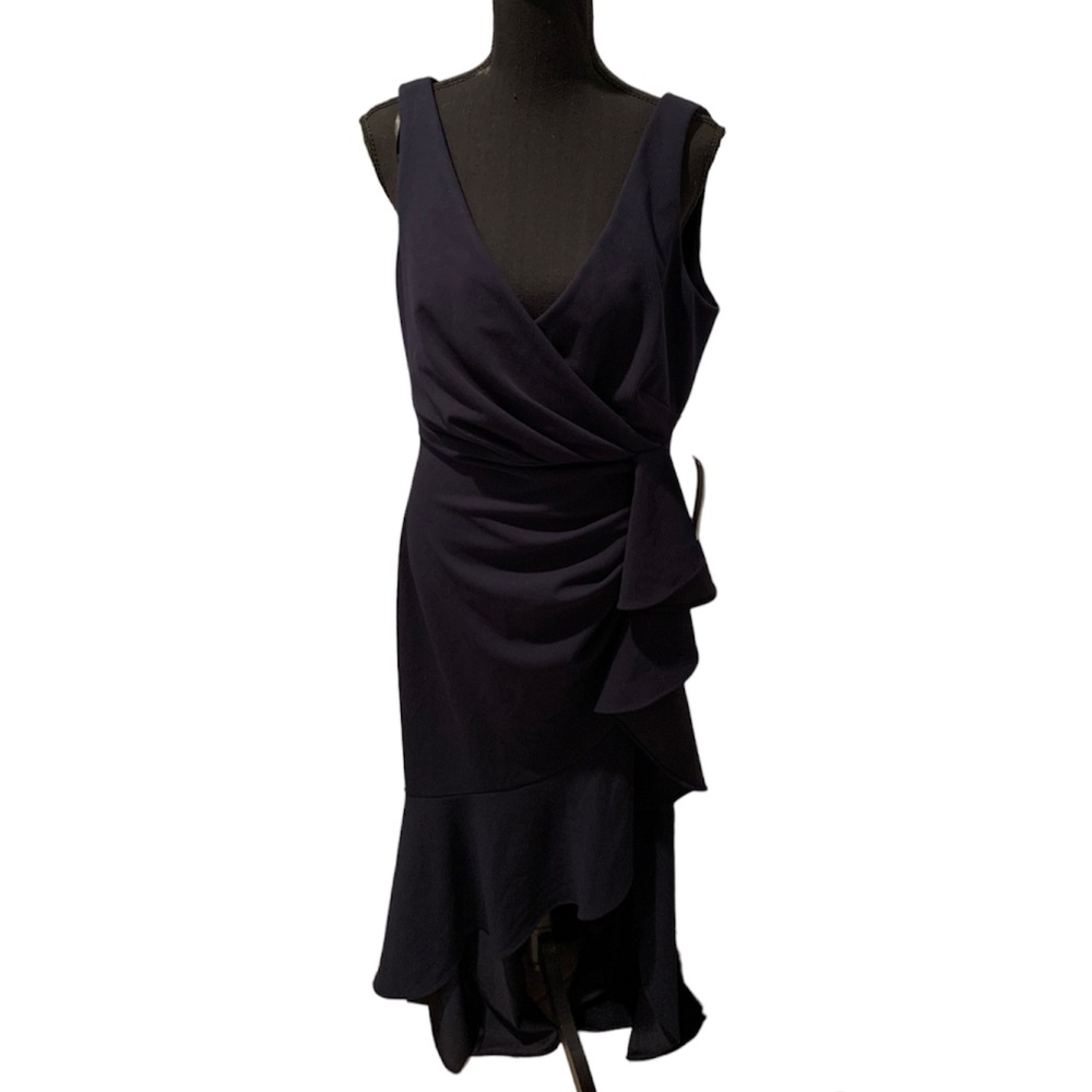 Betsy & Adam Long Crepe V-neck Dress with High Low Skirt Navy size 14 NWT Flawed